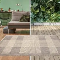 Tapis rectangulaire beige motif géométrique indoor/outdoor, l.150 cm x l.200 cm.